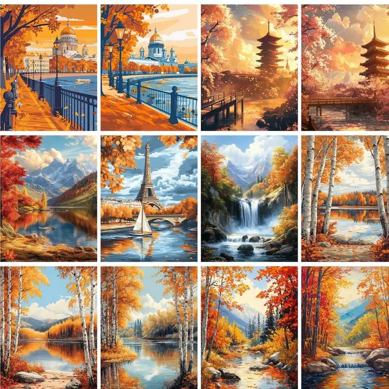 Photography Trend - ภาพวาดระบายสีตามตัวเลข ขนาด 40x50 ซม. ภาพวาดบนผ้าใบ ภาพวิวฤดูใบไม้ร่วง