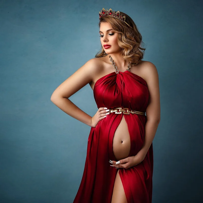 Photography Club - เซ็กซี่ Elegant Maternity การถ่ายภาพ Prop ชุดซาตินสีแดงออกแบบมงกุฎสําหรับการตั้งครรภ์ถ่ายภาพ